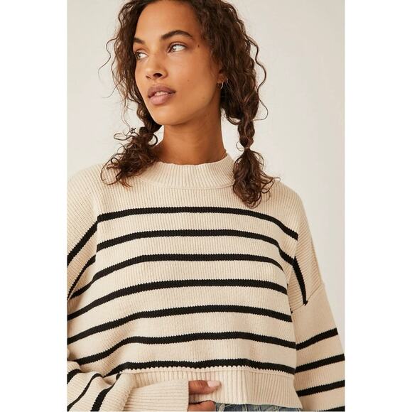 Free People Easy Street Stripe Crop Pullover Large Cream Black  Coastal Preppy - Picture 6 of 16